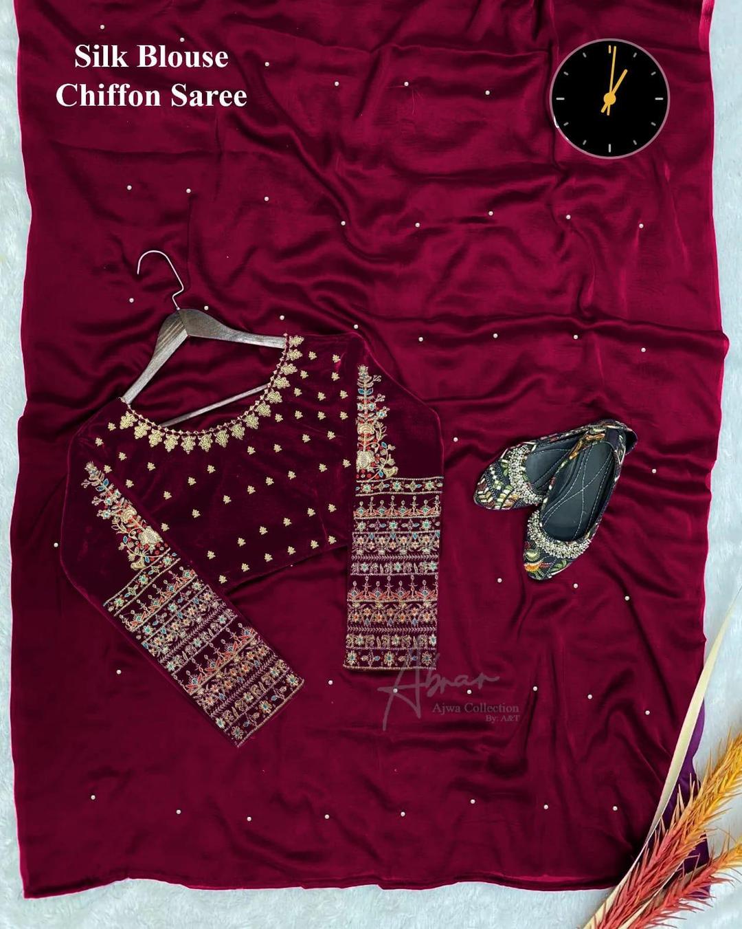 Stunning Maroon Embroidered Chiffon Stitched Saree - 3 Pcs Set
