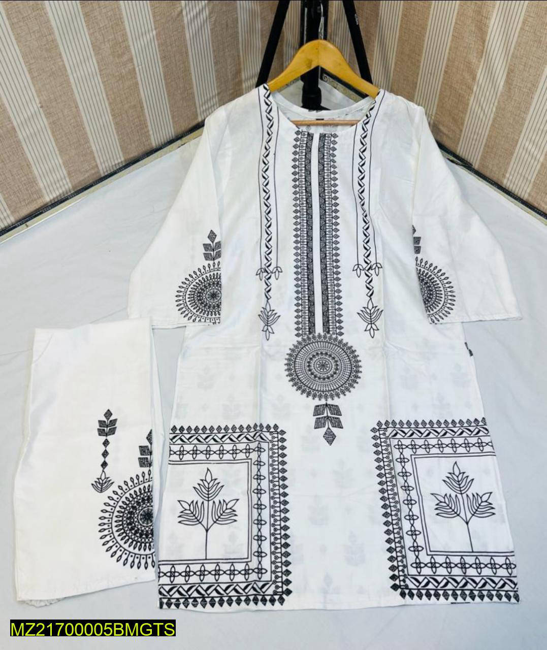 2 Pcs Women's Stitched Linen Block Printed Suit